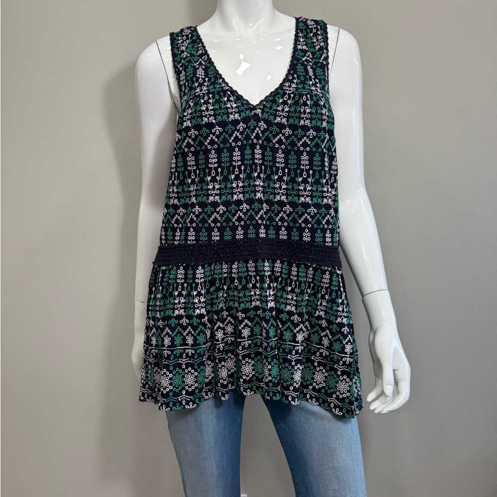 MAEVE Women's Sleeveless Patterned Embroidered Top - Navy White and Green Large